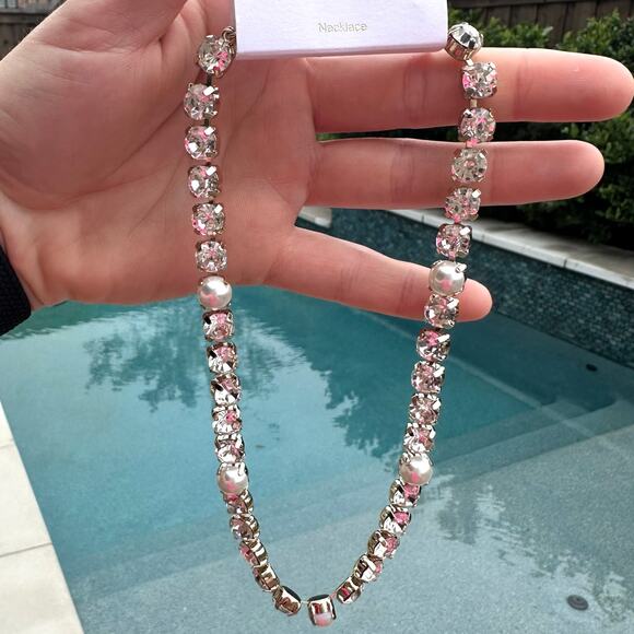 NWT JCrew Factory Crystal & Pearl Statement Necklace Gold Plated - Picture 3 of 11